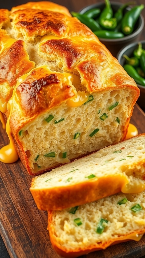 A loaf of cheddar jalapeño bread, sliced to show cheese and jalapeños, on a wooden cutting board.